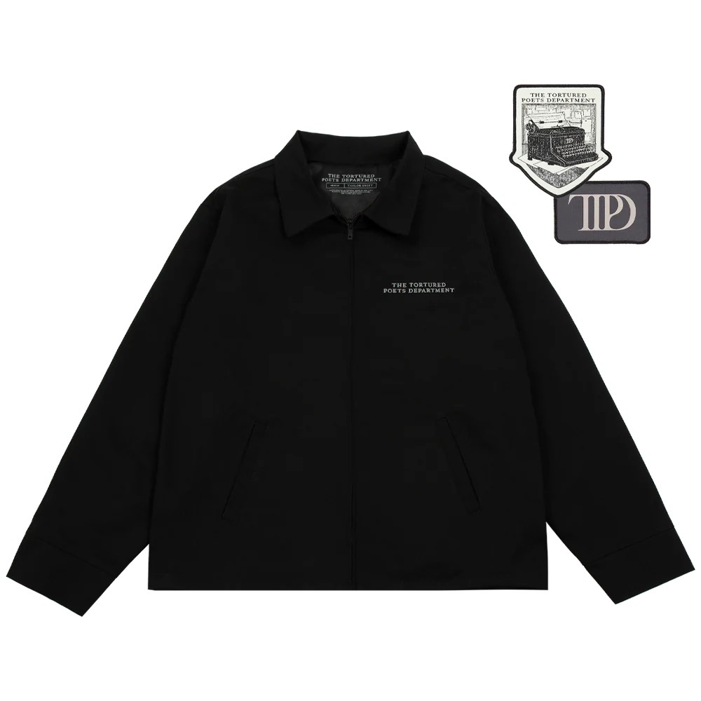 Taylor Swift The Tortured Poets Department Black Jacket & 2 Patch Set Bundle